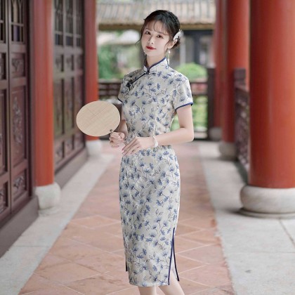 Hangzhou Sweet Lace Blue Midi Cheongsam 1207-70 Hangzhou Sweet Lace Blue Midi Cheongsam 1207-70