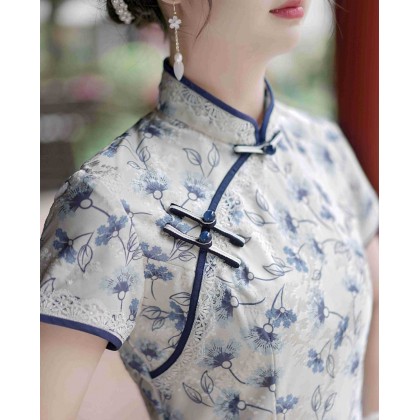 Hangzhou Sweet Lace Blue Midi Cheongsam 1207-70 Hangzhou Sweet Lace Blue Midi Cheongsam 1207-70