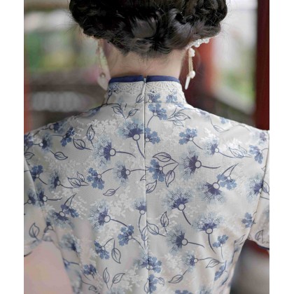 Hangzhou Sweet Lace Blue Midi Cheongsam 1207-70 Hangzhou Sweet Lace Blue Midi Cheongsam 1207-70