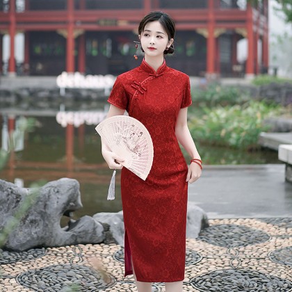 Hangzhou Sweet Lace Maroon Midi Cheongsam 1208-29 Hangzhou Sweet Lace Maroon Midi Cheongsam 1208-29