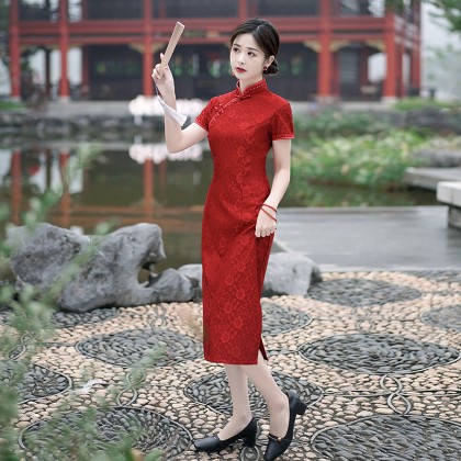 Hangzhou Sweet Lace Maroon Midi Cheongsam 1208-29 Hangzhou Sweet Lace Maroon Midi Cheongsam 1208-29