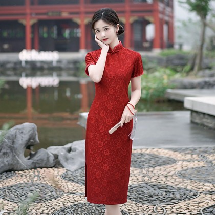 Hangzhou Sweet Lace Maroon Midi Cheongsam 1208-29 Hangzhou Sweet Lace Maroon Midi Cheongsam 1208-29