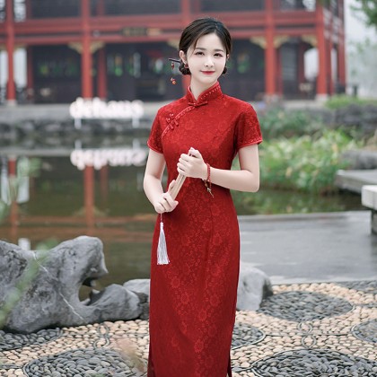 Hangzhou Sweet Lace Maroon Midi Cheongsam 1208-29 Hangzhou Sweet Lace Maroon Midi Cheongsam 1208-29