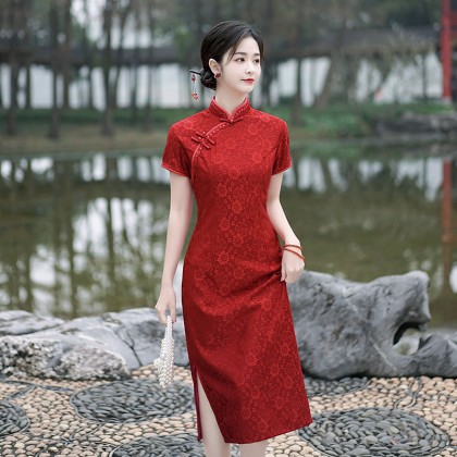 Hangzhou Sweet Lace Maroon Midi Cheongsam 1208-29 Hangzhou Sweet Lace Maroon Midi Cheongsam 1208-29