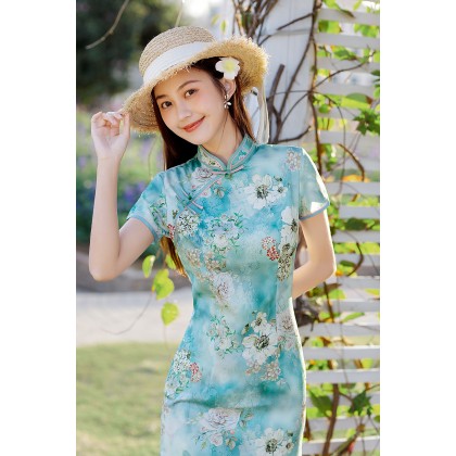 Hangzhou Faux Silk Green Mini Qipao 2413-50 Hangzhou Faux Silk Green Mini Qipao 2413-50