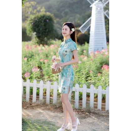 Hangzhou Faux Silk Green Mini Qipao 2413-50 Hangzhou Faux Silk Green Mini Qipao 2413-50