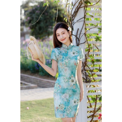 Hangzhou Faux Silk Green Mini Qipao 2413-50 Hangzhou Faux Silk Green Mini Qipao 2413-50