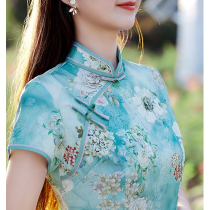 Hangzhou Faux Silk Green Mini Qipao 2413-50 Hangzhou Faux Silk Green Mini Qipao 2413-50