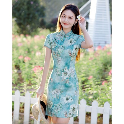 Hangzhou Faux Silk Green Mini Qipao 2413-50 Hangzhou Faux Silk Green Mini Qipao 2413-50