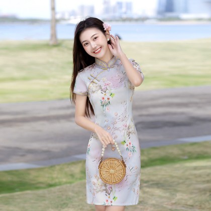 Hangzhou Faux Silk Grey Mini Qipao 2413-90