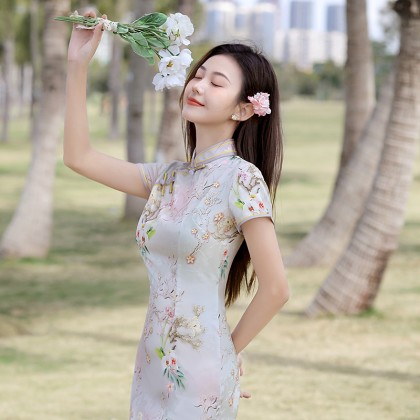 Hangzhou Faux Silk Grey Mini Qipao 2413-90