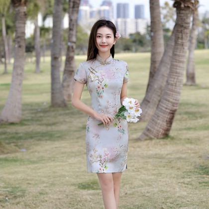 Hangzhou Faux Silk Grey Mini Qipao 2413-90