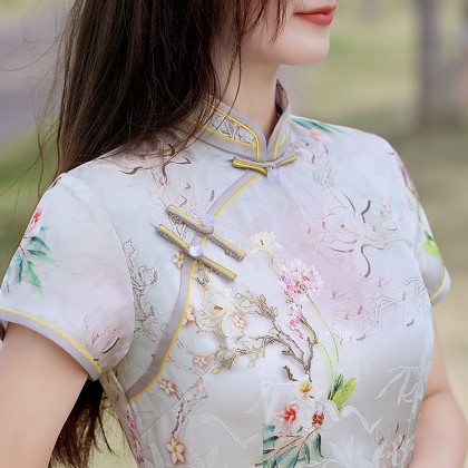 Hangzhou Faux Silk Grey Mini Qipao 2413-90