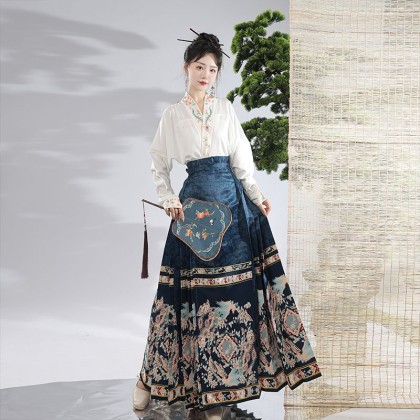 Phoenix Stream Mamianqun Hanfu Blue Maxi Skirt 3-PC Set 10004-70