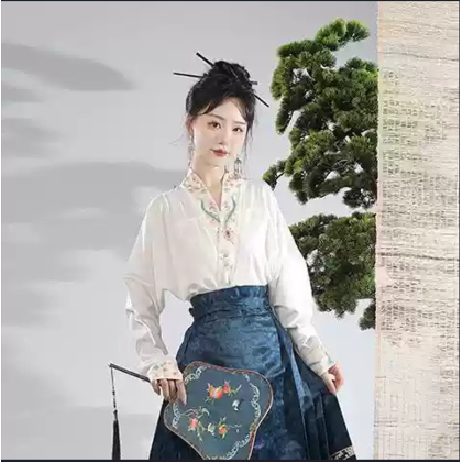 Phoenix Stream Mamianqun Hanfu Blue Maxi Skirt 3-PC Set 10004-70