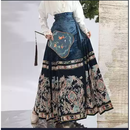 Phoenix Stream Mamianqun Hanfu Blue Maxi Skirt 3-PC Set 10004-70