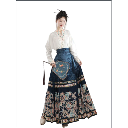 Phoenix Stream Mamianqun Hanfu Blue Maxi Skirt 3-PC Set 10004-70