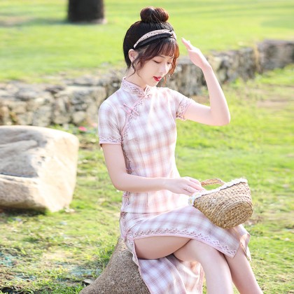 Suzhou Vintage Plaid Cotton Pink Maxi Cheongsam 1054-22