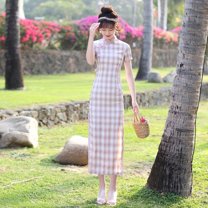 Suzhou Vintage Plaid Cotton Pink Maxi Cheongsam 1054-22