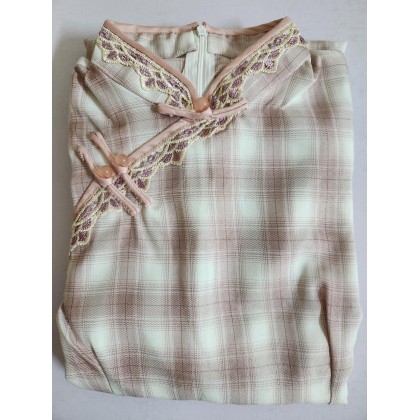 Suzhou Vintage Plaid Cotton Pink Maxi Cheongsam 1054-22
