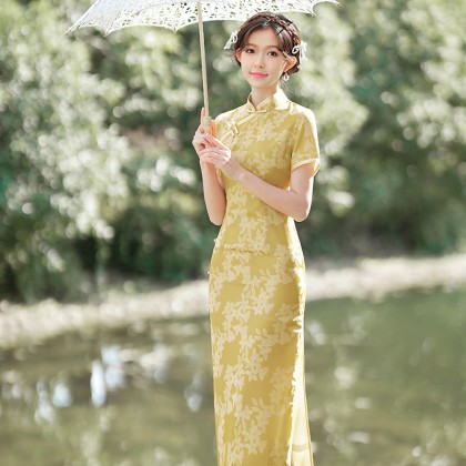 Suzhou Vintage Faux Silk Jacquard Yellow Maxi Cheongsam 1055-40
