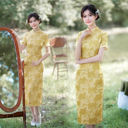 Suzhou Vintage Faux Silk Jacquard Yellow Maxi Cheongsam 1055-40