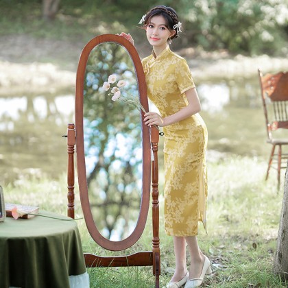 Suzhou Vintage Faux Silk Jacquard Yellow Maxi Cheongsam 1055-40