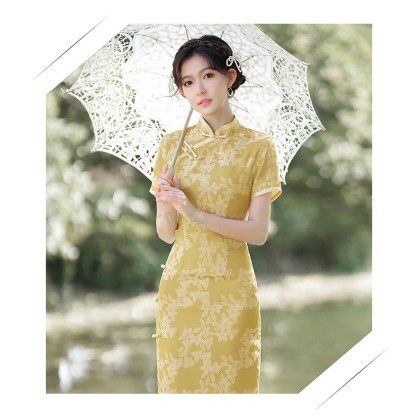 Suzhou Vintage Faux Silk Jacquard Yellow Maxi Cheongsam 1055-40