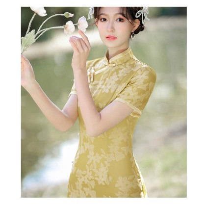 Suzhou Vintage Faux Silk Jacquard Yellow Maxi Cheongsam 1055-40