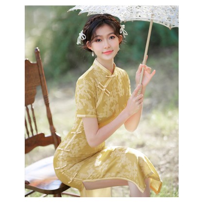 Suzhou Vintage Faux Silk Jacquard Yellow Maxi Cheongsam 1055-40