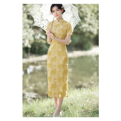 Suzhou Vintage Faux Silk Jacquard Yellow Maxi Cheongsam 1055-40