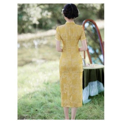 Suzhou Vintage Faux Silk Jacquard Yellow Maxi Cheongsam 1055-40