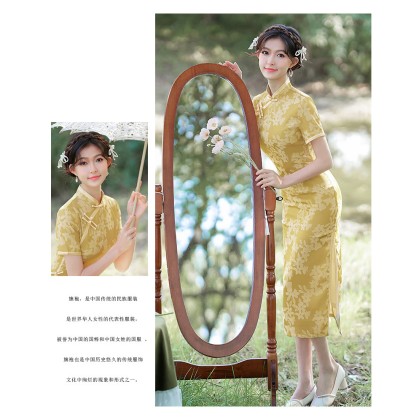 Suzhou Vintage Faux Silk Jacquard Yellow Maxi Cheongsam 1055-40