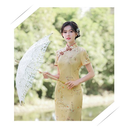 Suzhou Elegant Doris Silk Apricot Midi cheongsam 1056-18 Suzhou Elegant Doris Silk Apricot Midi cheongsam 1056-18