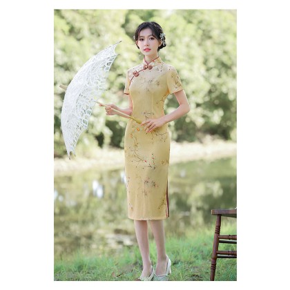 Suzhou Elegant Doris Silk Apricot Midi cheongsam 1056-18 Suzhou Elegant Doris Silk Apricot Midi cheongsam 1056-18