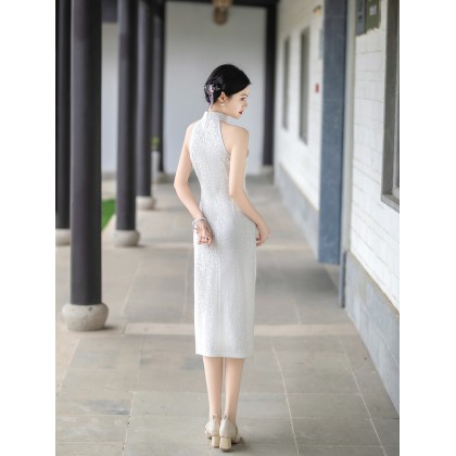 Sexy White Composite Lace Midi Cheongsam 1209-01