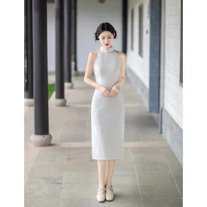 Sexy White Composite Lace Midi Cheongsam 1209-01