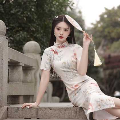 Suzhou Doris Silk Apricot Maxi Cheongsam 1057-18 Suzhou Doris Silk Apricot Maxi Cheongsam 1057-18