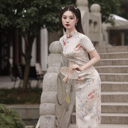 Suzhou Doris Silk Apricot Maxi Cheongsam 1057-18 Suzhou Doris Silk Apricot Maxi Cheongsam 1057-18