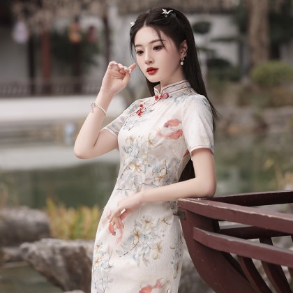 Suzhou Doris Silk Apricot Maxi Cheongsam 1057-18 Suzhou Doris Silk Apricot Maxi Cheongsam 1057-18