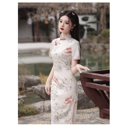Suzhou Doris Silk Apricot Maxi Cheongsam 1057-18 Suzhou Doris Silk Apricot Maxi Cheongsam 1057-18