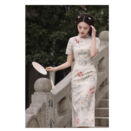 Suzhou Doris Silk Apricot Maxi Cheongsam 1057-18 Suzhou Doris Silk Apricot Maxi Cheongsam 1057-18