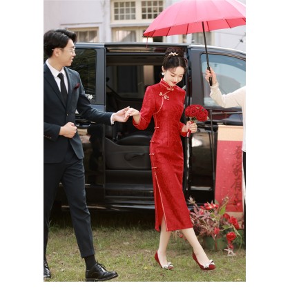 Suzhou Jacquard Lace Composite Red Phoenix Tail Festive Maxi Cheongsam 1210-28 Suzhou Jacquard Lace Composite Red Phoenix Tail Festive Maxi Cheongsam 1210-28