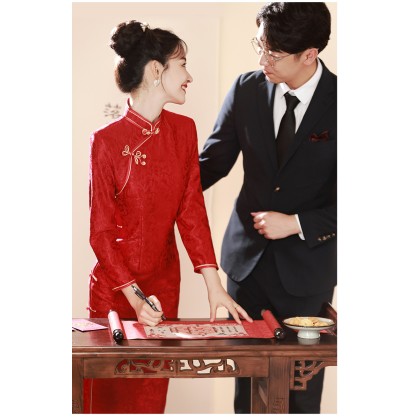 Suzhou Jacquard Lace Composite Red Phoenix Tail Festive Maxi Cheongsam 1210-28 Suzhou Jacquard Lace Composite Red Phoenix Tail Festive Maxi Cheongsam 1210-28