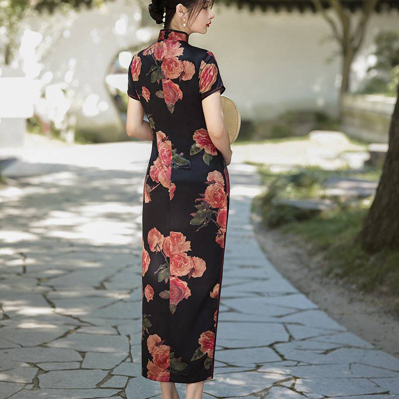 knee length dresses for ladies Sheer Floral Cheongsam-Inspired Maxi Dress Xs / Red main image 0