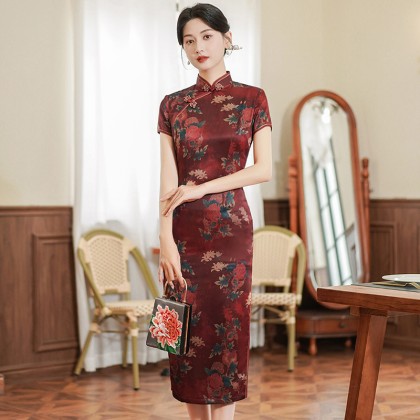 Polyester Satin Maroon Elegant Maxi Cheongsam 1060-29 Polyester Satin Maroon Elegant Maxi Cheongsam 1060-29