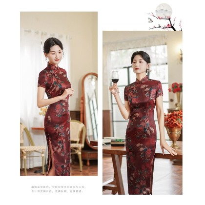 Polyester Satin Maroon Elegant Maxi Cheongsam 1060-29 Polyester Satin Maroon Elegant Maxi Cheongsam 1060-29