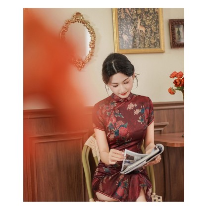 Polyester Satin Maroon Elegant Maxi Cheongsam 1060-29 Polyester Satin Maroon Elegant Maxi Cheongsam 1060-29