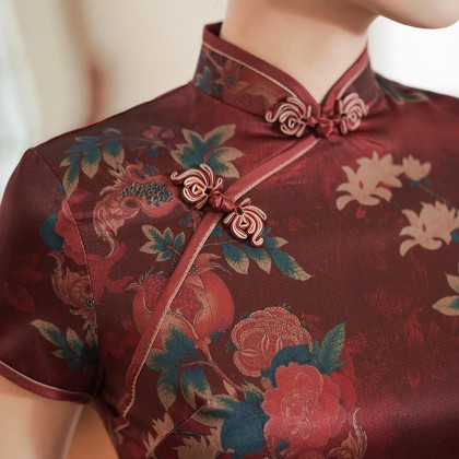 Polyester Satin Maroon Elegant Maxi Cheongsam 1060-29 Polyester Satin Maroon Elegant Maxi Cheongsam 1060-29