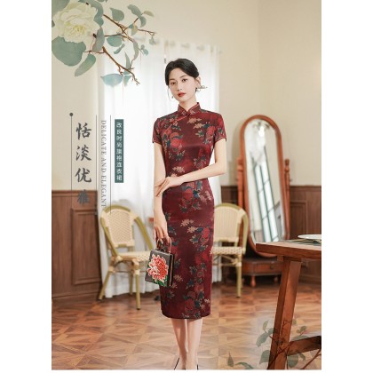 Polyester Satin Maroon Elegant Maxi Cheongsam 1060-29 Polyester Satin Maroon Elegant Maxi Cheongsam 1060-29